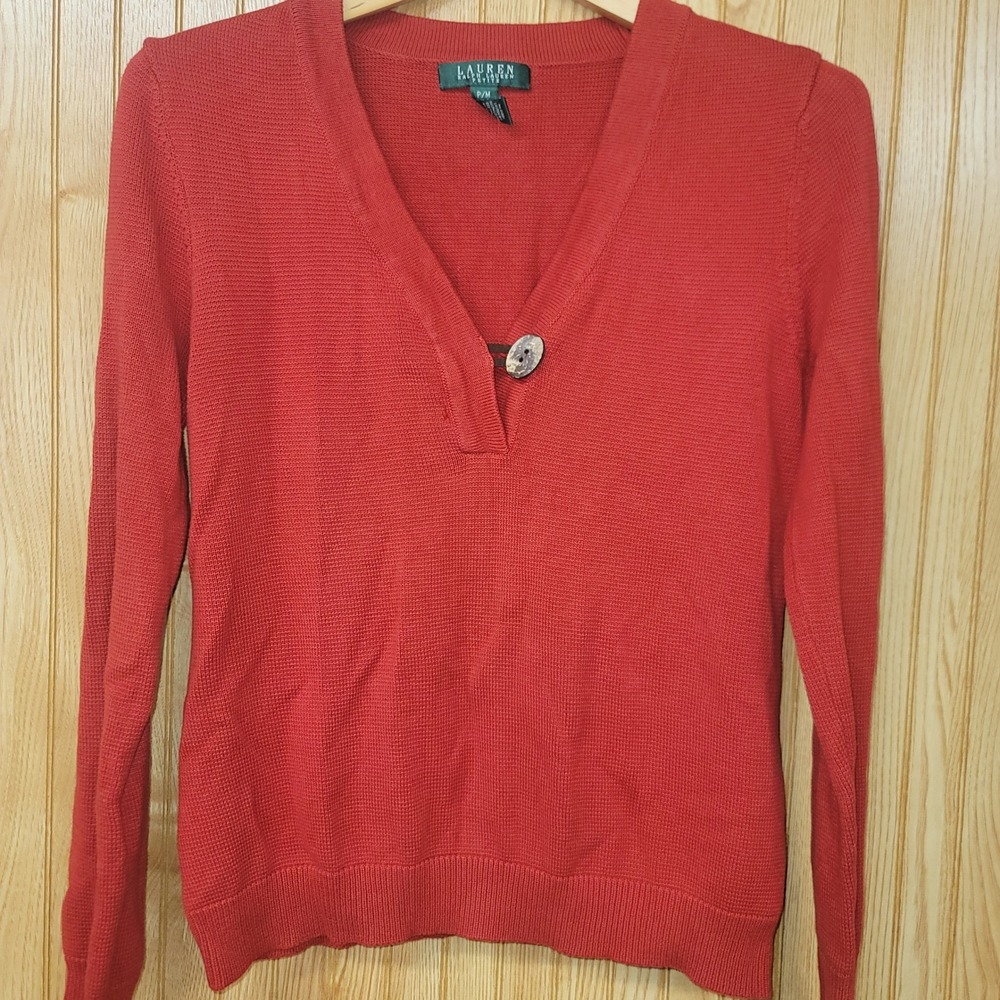 Lauren Ralph Lauren Petite Red Toggle Button Sweater Sz‎ M Preppy Quiet Luxury